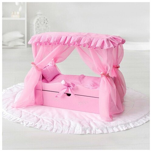фото Кроватка с балдахином, постельным бельем, ящиком, розовая манюня