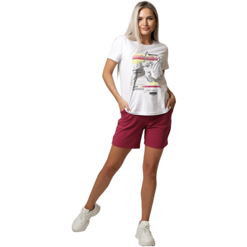 фото Костюм elena tex, футболка и шорты, повседневный стиль, свободный силуэт, карманы, пояс на резинке, размер 52, белый, бордовый