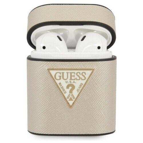 фото Чехол cg mobile guess saffiano pu leather case with metal logo для airpods 1&2, цвет бежевый (guaca2vsatmllg)