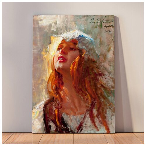 фото Картина девушка в панаме, 50x67 см, картина на холсте на деревянном подрамнике с настенным креплением вау холст