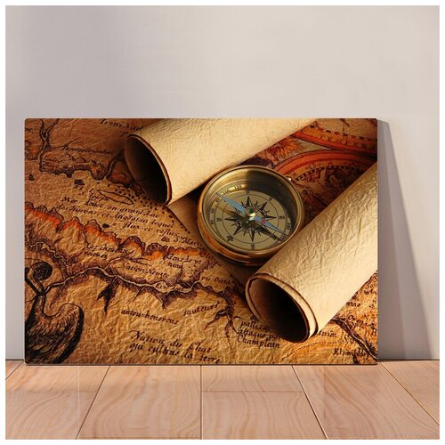 фото Картина карта и компас, 40x53 см, картина на холсте на деревянном подрамнике с настенным креплением вау холст