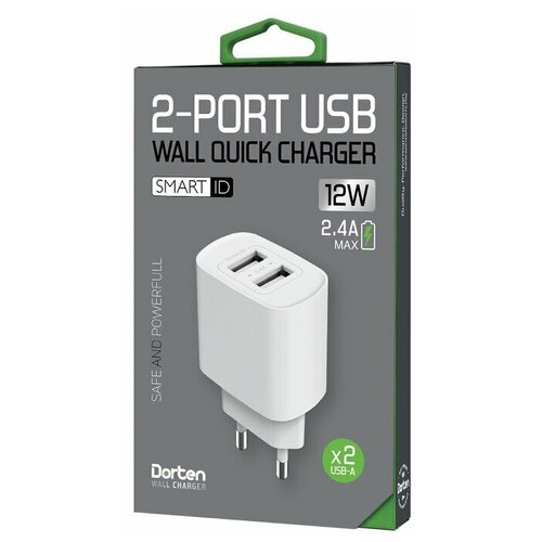 фото Сетевое зарядное usb устройство dorten 2-port usb smart id 12w wall quick charger 2.4a белый