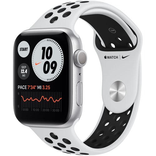 фото Умные часы apple watch series 6 gps 40мм aluminum case with nike sport band, серебристый/чистая платина/черный