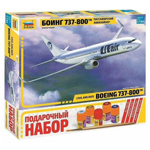 фото Zvezda сборная модель пассажирский авиалайнер боинг 737-800, подарочный набор