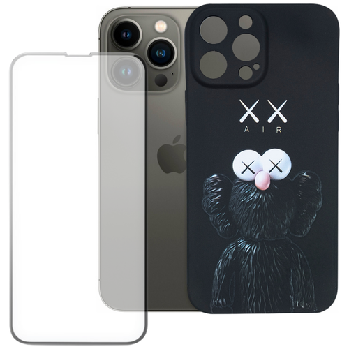 фото Комплект: защитный чехол kaws + защитное стекло для apple iphone 13 pro max / айфон 13 про макс / накладка / бампер с защитой камеры luxo / светящийся в темноте pduspb