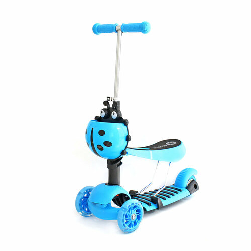 фото Самокат трехколесный детский 3 в 1 сиденье, светящиеся колеса, корзинка, самокат - беговел детский 3х колесный, голубой scooter