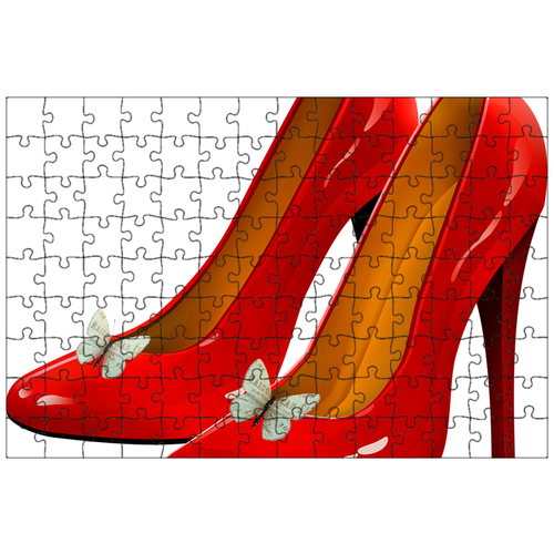 фото Магнитный пазл 27x18см."красные ботинки, высокие каблуки, французская бабочка" на холодильник lotsprints