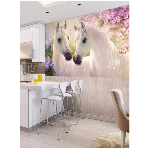 фото Фотообои белые лошади на фоне сиреневых и розовых цветов/ красивые уютные обои на стену в интерьер комнаты/ детские для девочки/ в детскую спальню/ размер 250х129см/ флизелиновые топ фотообои