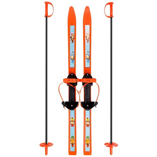 фото Детские беговые лыжи олимпик вираж-спорт с креплением цикл, с палками, 100 см, оранжевый