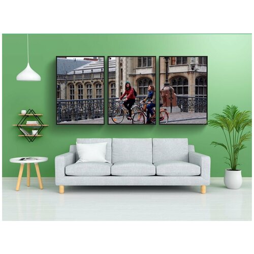 фото Модульный постер "велосипед, девушки, девушка" 180x90 см. из 3х частей в тубусе, без рамки lotsprints