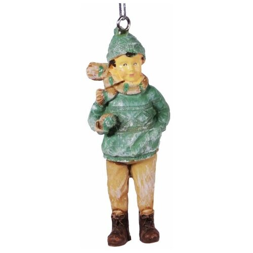 фото Ёлочная игрушка винтажная мальчик со снежком в зелёном свитере, полистоун, 4х2х9 см, hogewoning 400250-040
