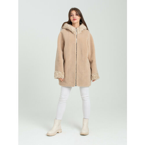 фото Куртка , овчина, средней длины, оверсайз, карманы, капюшон, размер 50, бежевый риа