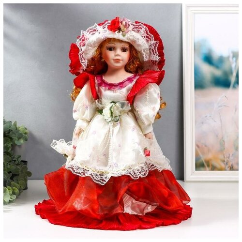 фото Кукла коллекционная керамика "мадмуазель есения в бело-бордовом платье и шляпке" 40 см yandex market