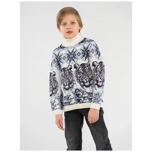 фото Детский свитер с тиграми и орнаментом для мальчиков 9-10 лет pulltonic