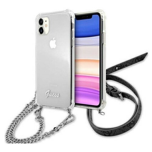 фото Чехол cg mobile guess pc/tpu script hard + metal silver chain для iphone 11, цвет прозрачный/серебристая цепь (guhcn61kc4gssi)