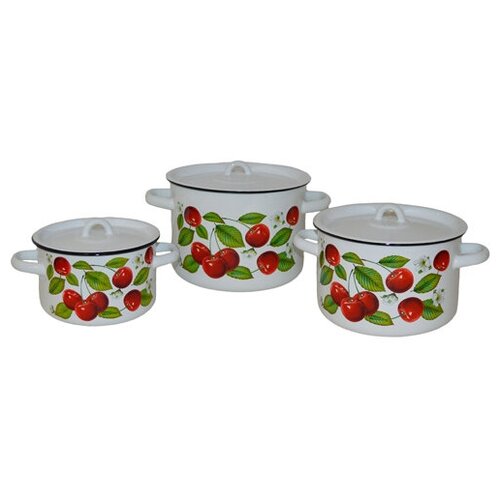 фото Набор эмал.посуды 3пр.33 "вишня ягоды" белосн. (к.цил.1,5/2,9/3,9л) 1с33 стальэмаль