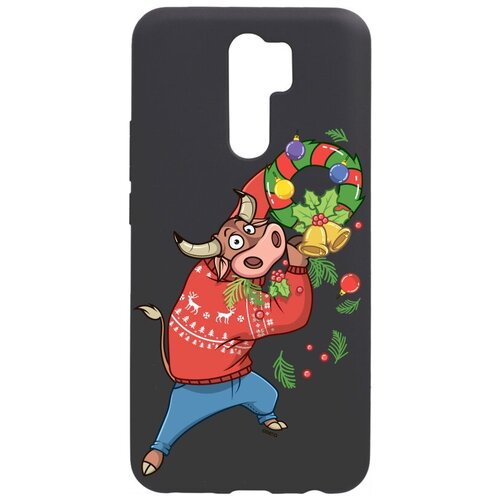 фото Силиконовый чехол-накладка silky touch 3d для xiaomi redmi 9 с принтом "bull & wreath" черный gosso