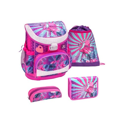 фото Набор belmil ранец mini-fit tropical flamingo set, пенал c 2 планками, пенал-косметичка, сумка для обуви