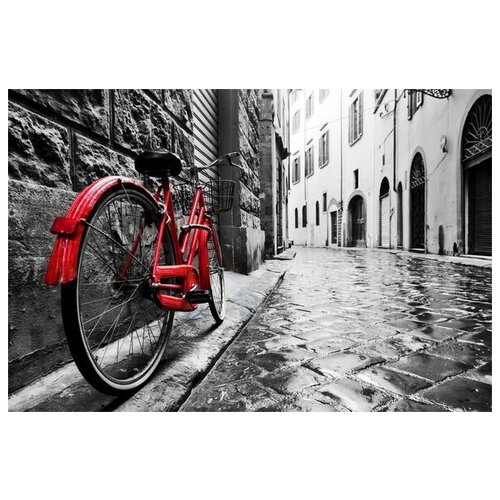фото Постер на холсте красный велосипед на европейской улочке 60см. x 40см. твой постер