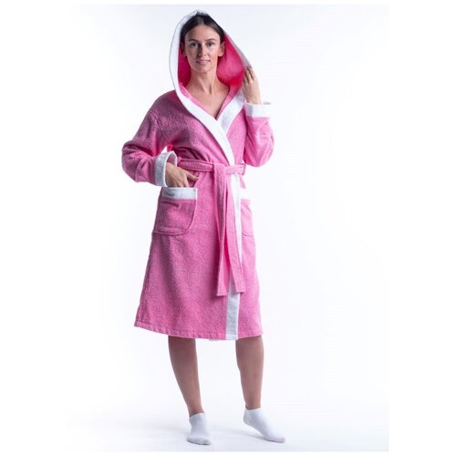 фото Халат махровый homeliness женский капюшон+комби/белый цвет розовый, размер 52