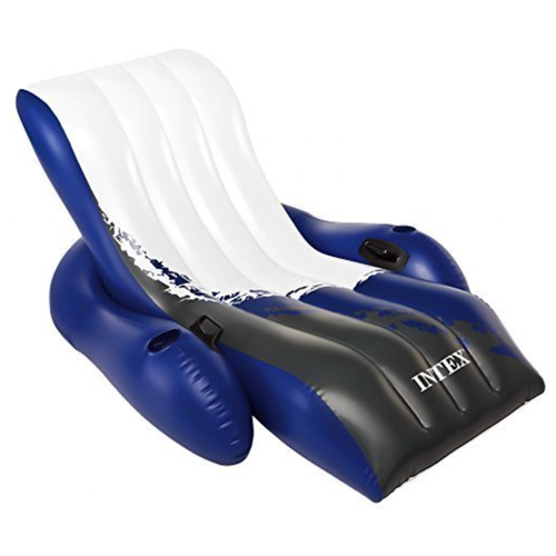 фото Надувное кресло-шезлонг для плавания 180х135 см с подстаканником и ручкой синего цвета, вес до 100кг intex
