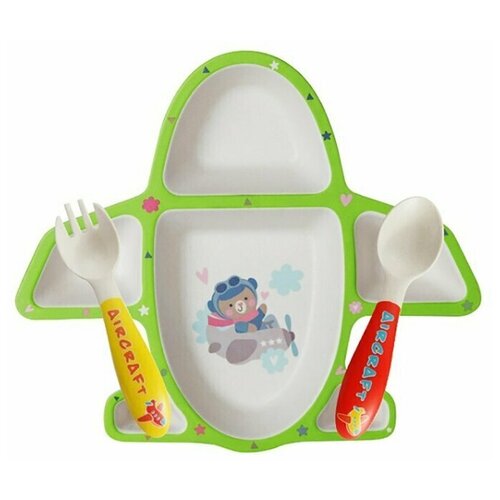 фото Детский столовый набор, тарелка, ложка, вилка, цвет зеленый, 29,8х25,8х4 см, baby fox bf- bowl-20