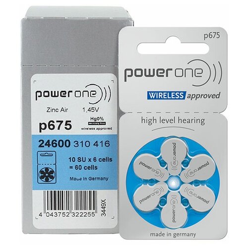 Батарейки PowerOne 675 (PR44) для слуховых аппаратов, упаковка (60 батареек). батарейки signia 675 pr44 для слуховых аппаратов упаковка 60 батареек