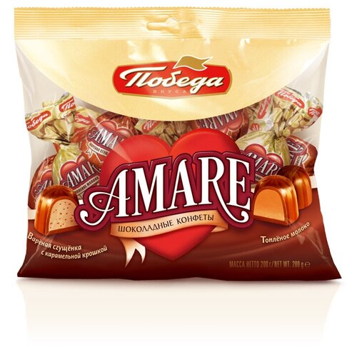 фото Конфеты пакет подушка, победа вкуса, "два вида шоколадных конфет с начинкой "amare", 200г