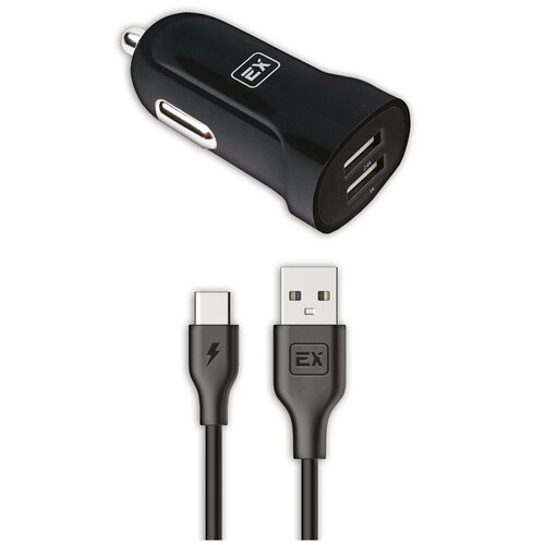 фото Автомобильное зарядное устройство 2usb+кабель usb-type-c exployd classic 1m black