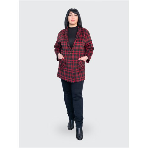 фото Пальто женское демисезонное, верхняя одежда, полупальто дизайнерское элегантное с v-образным вырезом и длинным рукавом, цвет-красное в черную клетку grs