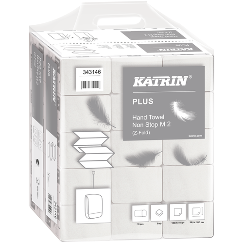 фото Katrin plus non stop m2 343146, z- сложение, листовые бумажные полотенца премиум класса, размер листа 25,5см*20,3см; 2-слойные, белые, 135 листов в пачке,15 пачек в упаковке. финляндия