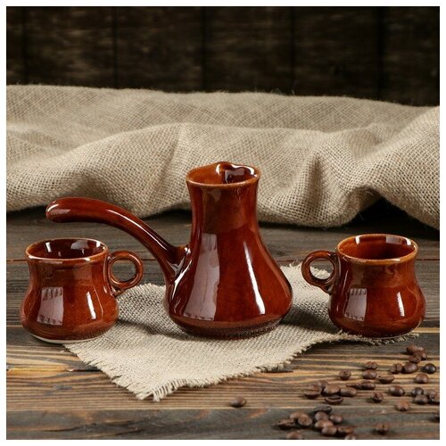 фото Кофейный набор "шоколад", турка и 2 чашки, коричневый, 0.7/0.25 л керамика ручной работы