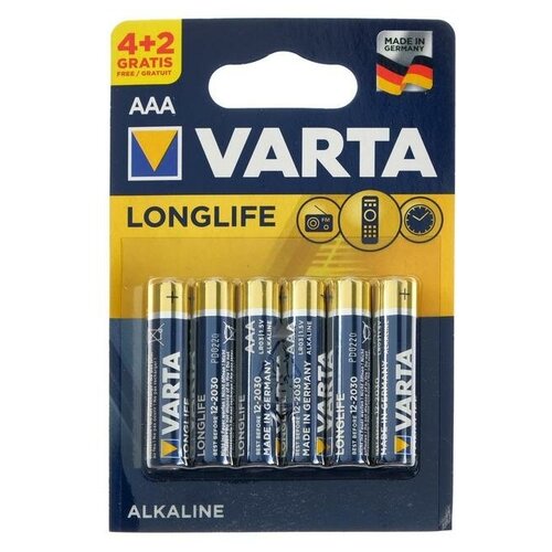 Фото - Батарейка алкалиновая Varta LongLife, AAA, LR03-6BL, 1.5В, блистер, 4+2 шт. батарейка smartbuy aaa lr03 алкалиновая 12 шт