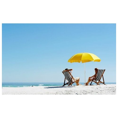 фото Постер на холсте мужчина и девушка в шезлонгах и под зонтом на морском берегу 64см. x 40см. твой постер