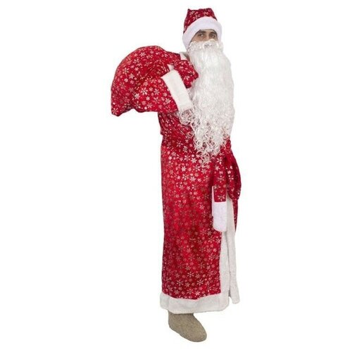 фото Новогодний костюм деда мороза взрослый, красный с белым / шапка, варежки, пояс, борода, парик и мешок в комплекте без бренда