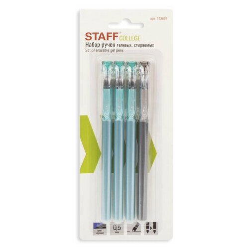 фото Ручки стираемые гелевые staff "college", набор 4 штуки (3 синих, 1 черная), игольчатый узел 0,5 мм, линия письма 0,38 мм, 143667