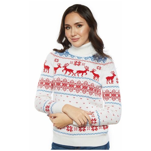 фото Шерстяной свитер, классический скандинавский орнамент с оленями и снежинками, натуральная шерсть, белый, красный, голубой цвет, размер l anymalls