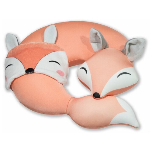 фото Подушка для шеи антистресс с маской для сна штучки, к которым тянутся ручки "спящая лиса", оранжевая