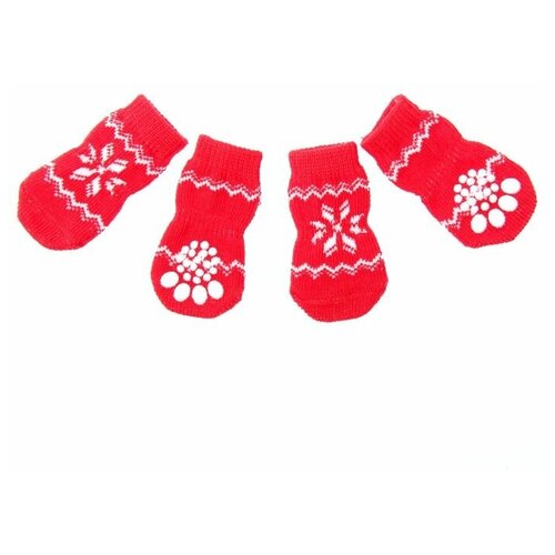 фото Носки для собак нескользящие "снежинка", размер l (3,5/5 * 8 см), набор 4 шт, красные пижон