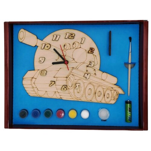 фото Часы с циферблатом под роспись "танк" с красками арт. дни127 нескучные игры
