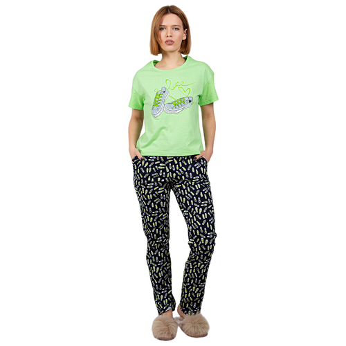 фото Комплект lilians, брюки, футболка, короткий рукав, карманы, трикотажная, пояс на резинке, размер 50, черный, зеленый