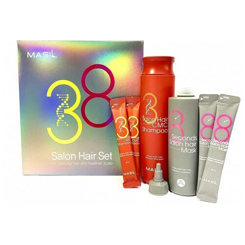 фото Masil salon hair set набор для восстановления волос с кератином и коллагеном, 300 мл + 200 мл + 4*8 мл