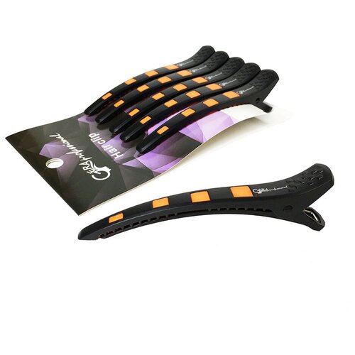 фото Gera professional зажим для волос, цвет черный с оранжевой силиконовой вставкой, 6 шт/уп