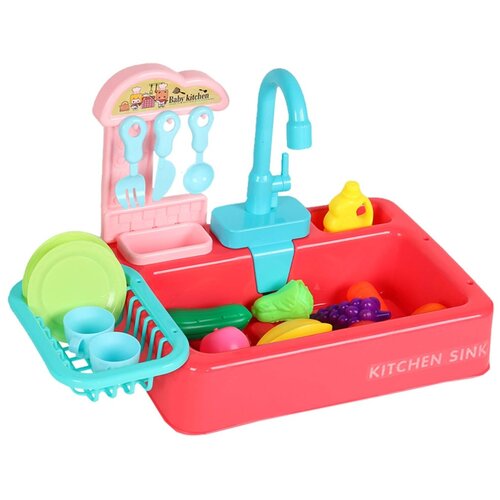 фото Кухня детская игровая раковина с водой, на батарейках, 26 предметов: игрушечная посуда, столовые приборы, игрушечные продукты, для девочек, для игры в хозяйку, цвет красный, в/к 37*9*26 см компания друзей