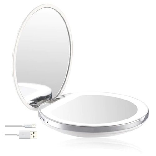 фото Зеркало с led подсветкой для макияжа карманное с увеличением, зеркальце косметическое, складное, аккумуляторное, перезаряжаемое, подарочное, цвет белый led cosmetic mirror