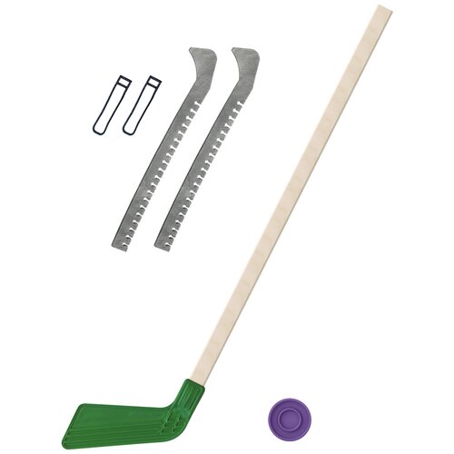 фото Набор зимний: клюшка хоккейная зелёная 80 см.+шайба + чехлы для коньков серые, задира-плюс