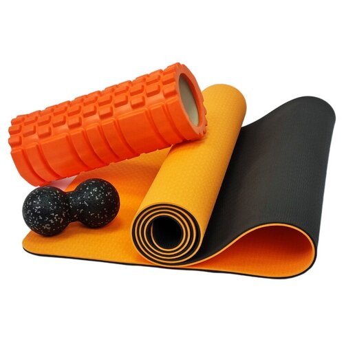 фото Набор для йоги, фитнеса и пилатеса: коврик с чехлом + массажный ролик + массажный мяч, оранжевый insport