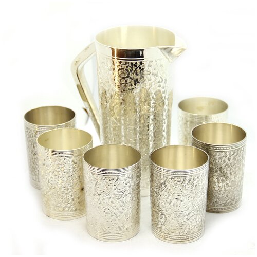 фото Набор кувшин и 6 стаканов из латуни с серебрением презент