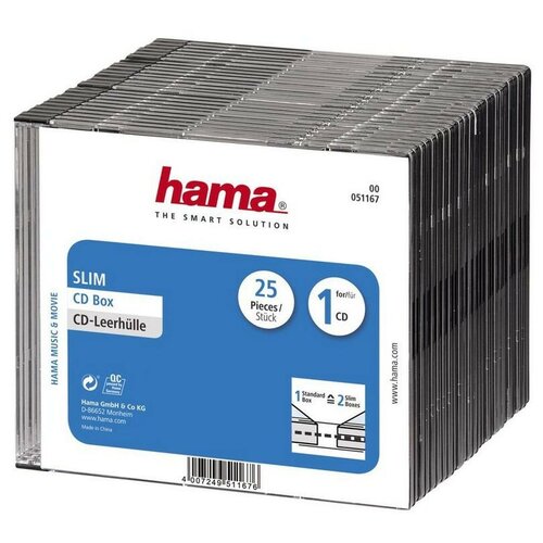 фото Бокс для cd/dvd дисков slim box, 25 шт, hama, прозрачно-черный, h-51167