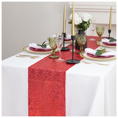 фото Дорожка с пайетками на стол, цв.красный, 30*300 см этель